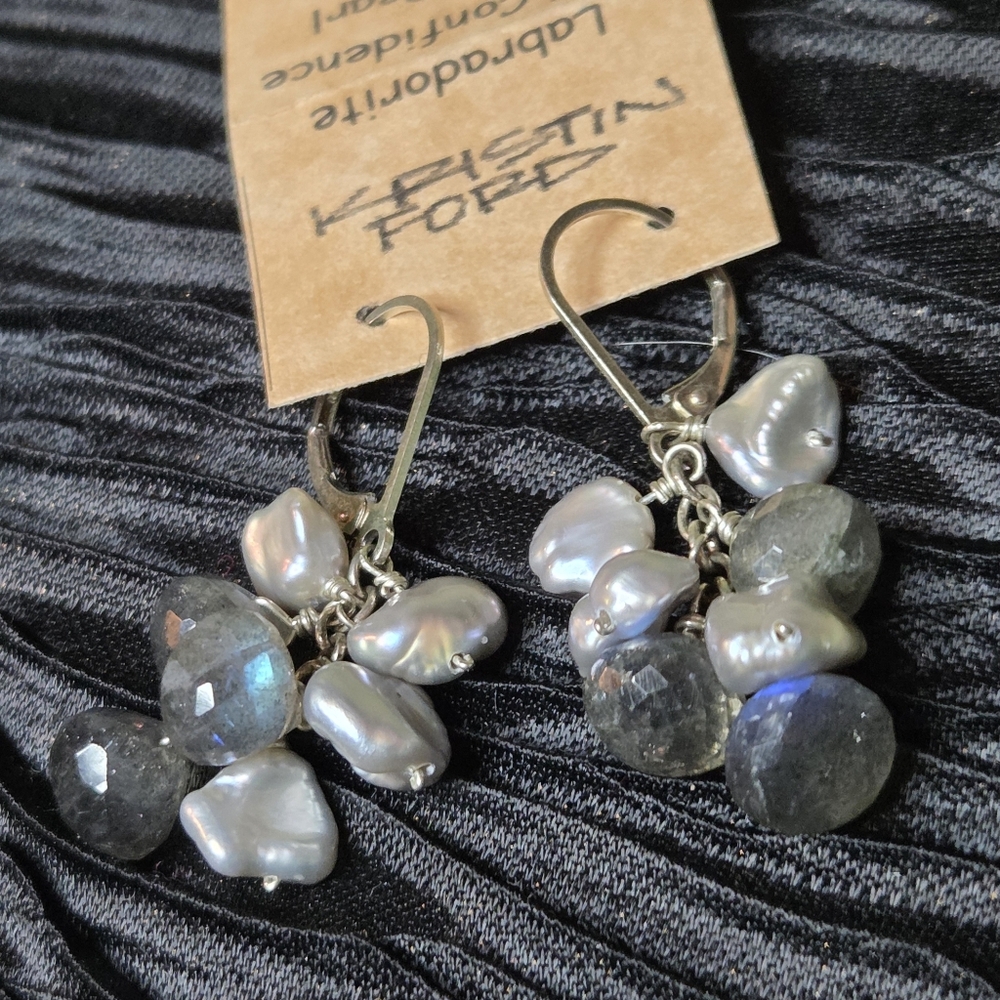 'Kristin Ford' Faceted Teardrop Labrodorite & Keishi Pearl Silver Earrings